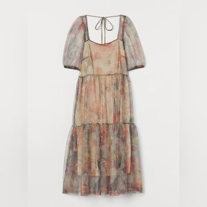 SOLD -H&M Oversized Chiffon Mesh Short Puff Sleeve Tiered Knee Length Midi Dress